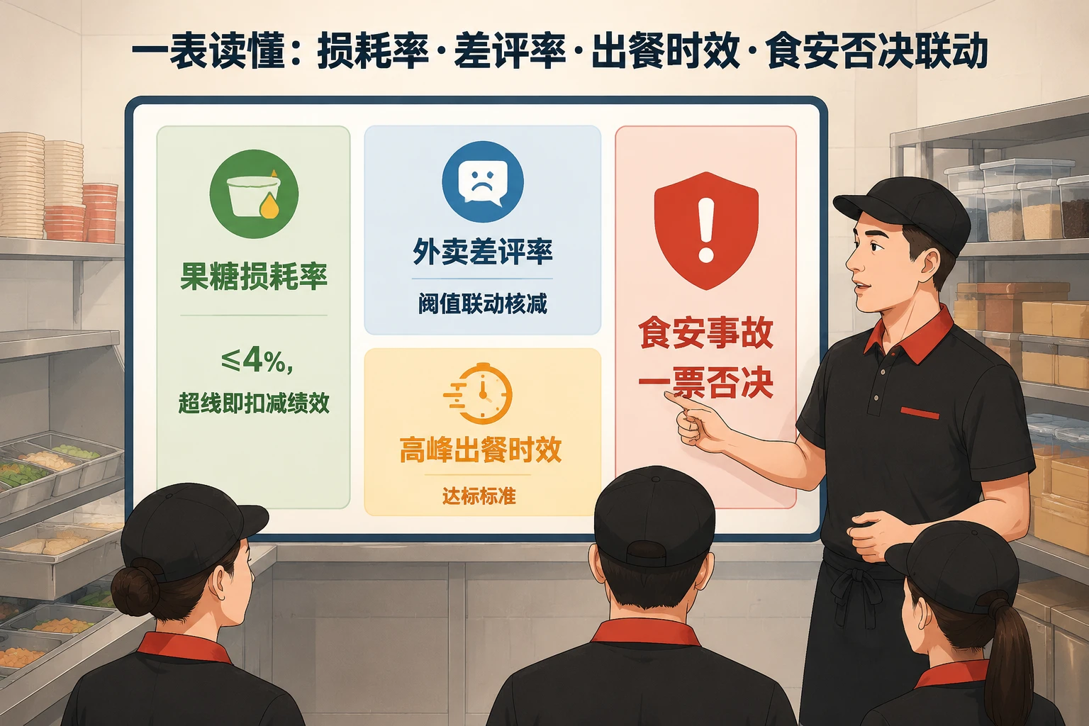 连锁快餐店长经营绩效包干模板:损耗率·差评率·食安否决