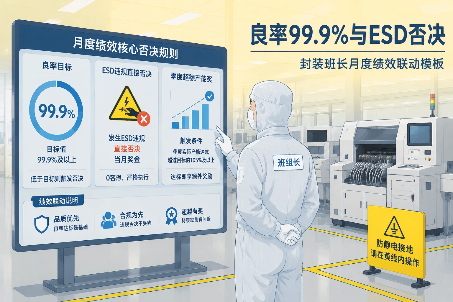 封测班长绩效否决与超额奖模板：良率99.9%与ESD否决