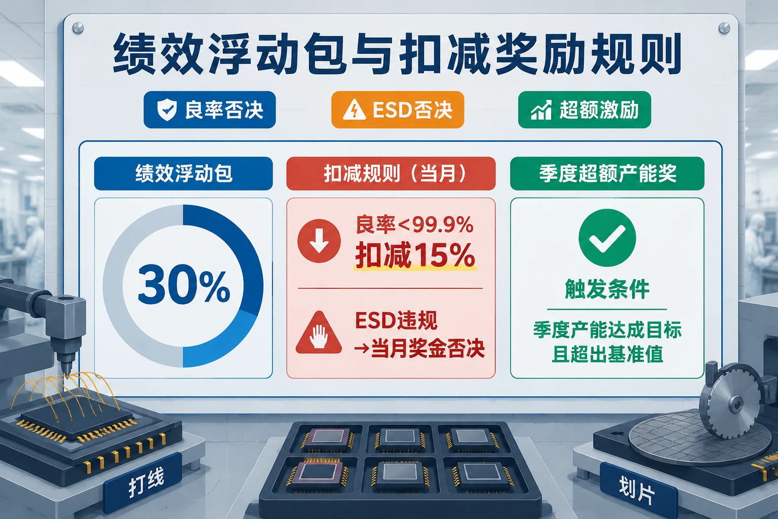 封测班长绩效否决与超额奖模板：良率99.9%与ESD否决