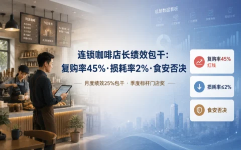 连锁咖啡店长绩效包干模板：复购率45%红线·损耗率2%·食安否决一键算薪