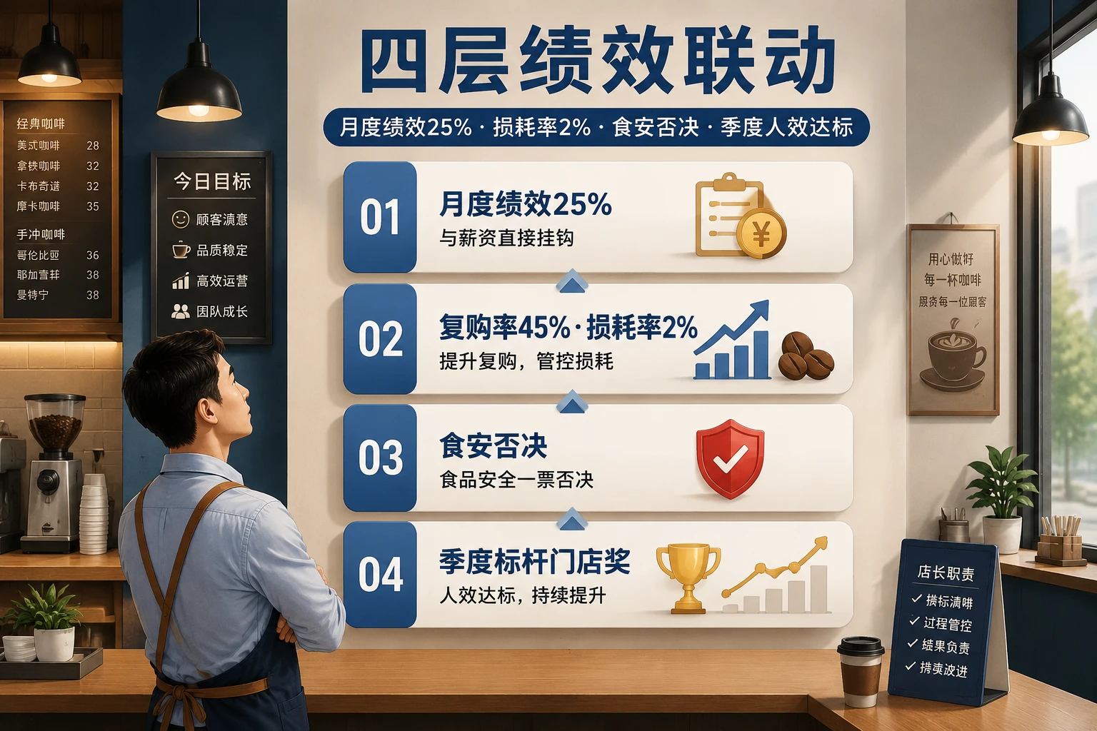 连锁咖啡店长绩效包干模板：复购率45%红线·损耗率2%·食安否决