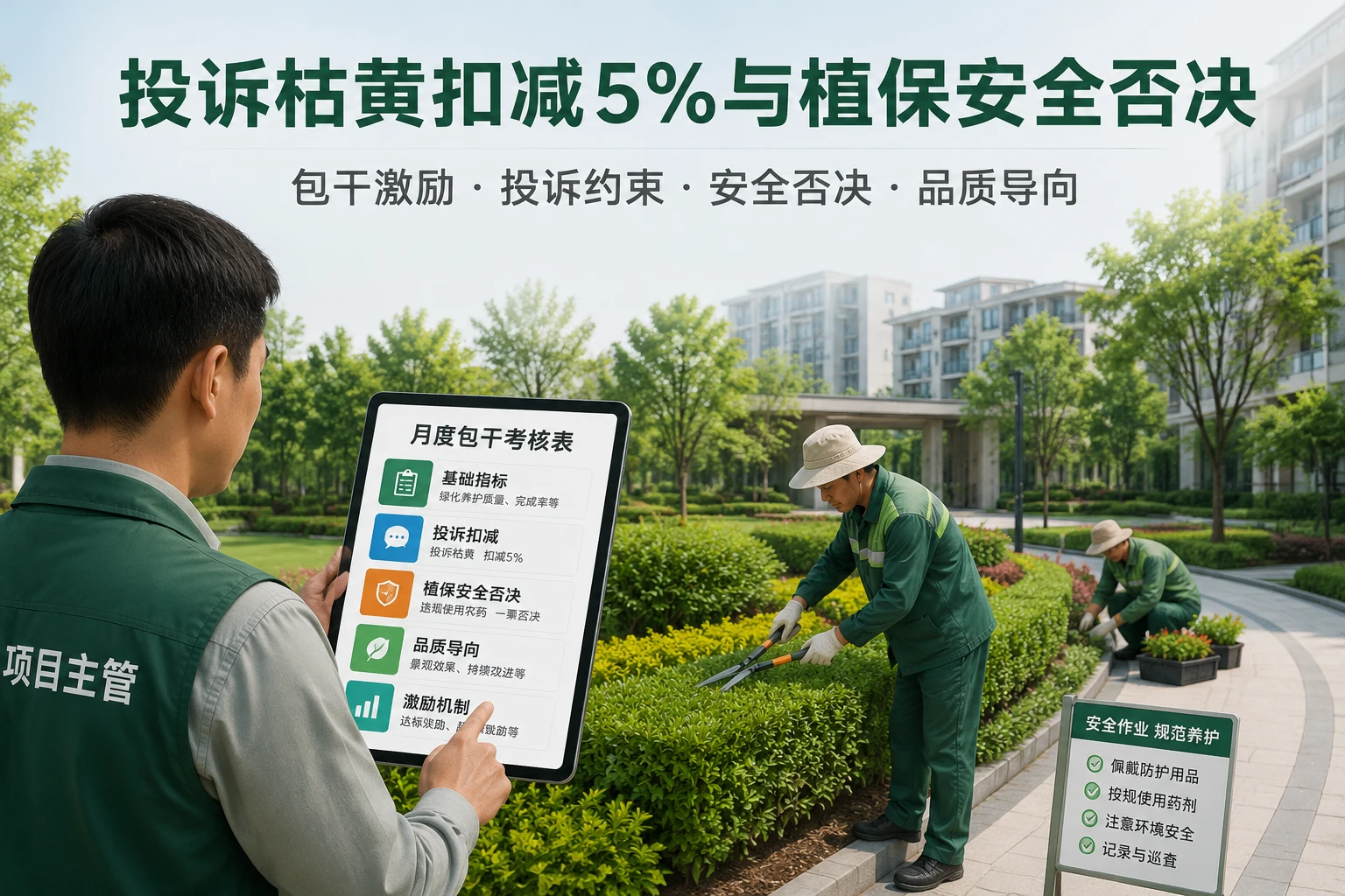 2026年小区绿化养护月度包干表：投诉枯黄扣减5%与植保安全否决
