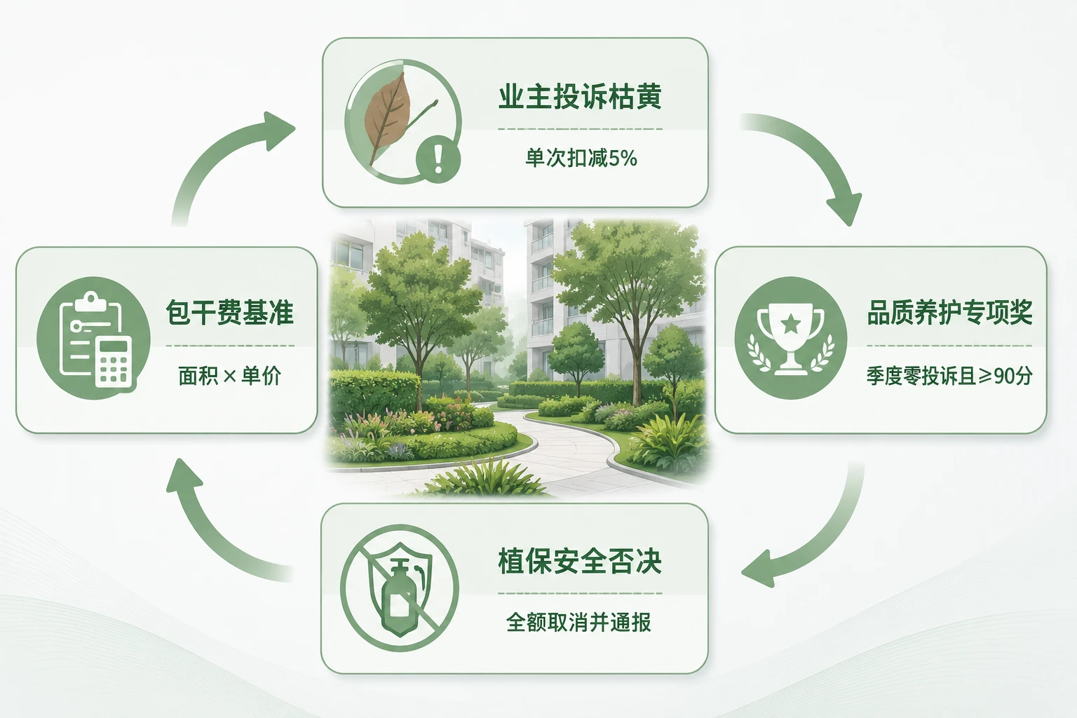 2026年小区绿化养护月度包干表：投诉枯黄扣减5%与植保安全否决