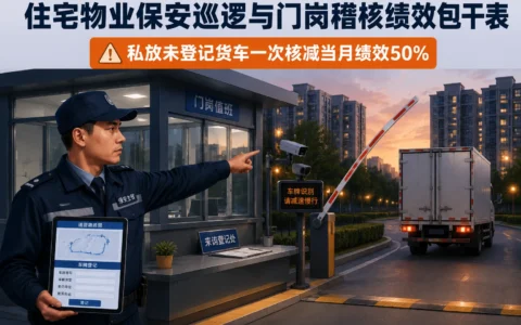 住宅物业保安巡逻与门岗稽核绩效包干表：私放货车核减50%绩效否决方案