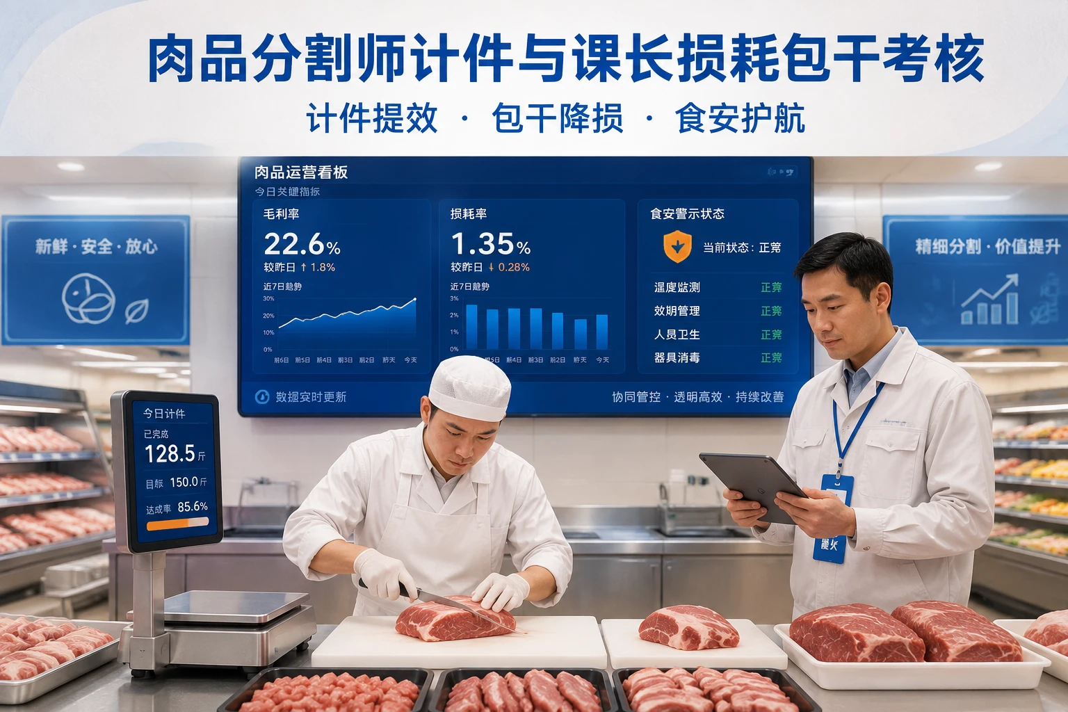 生鲜超市肉品分割师计件与课长损耗包干考核表（含食安否决）