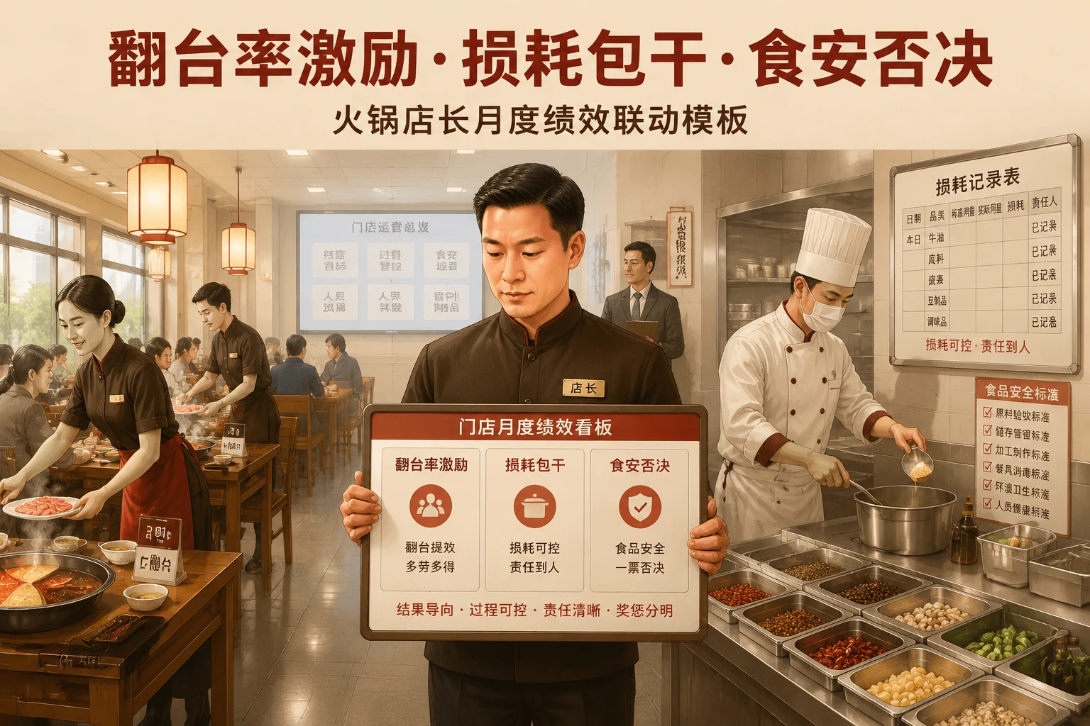 火锅店长月度绩效联动模板：翻台率激励、损耗包干与食安否决