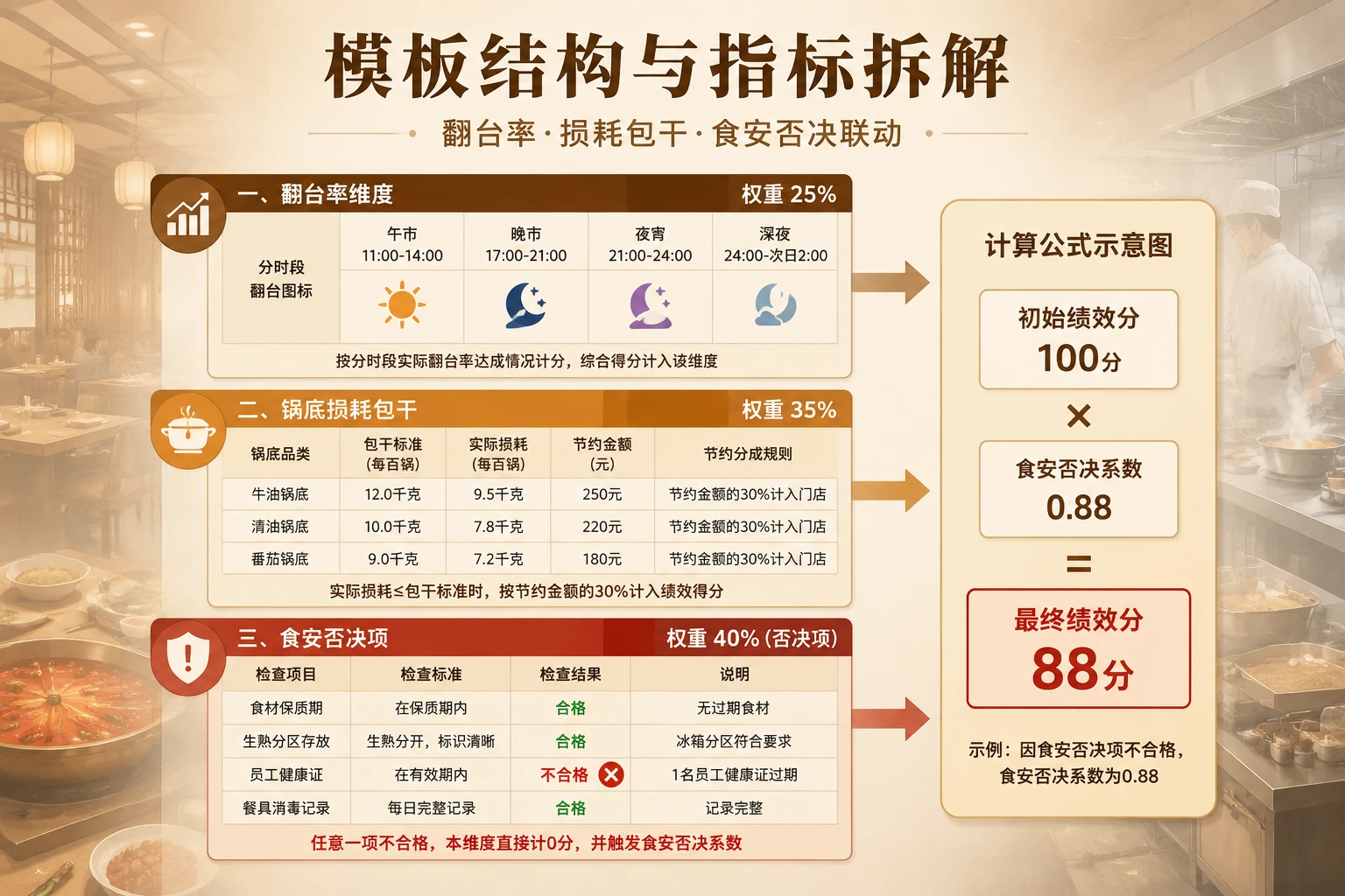 火锅店长月度绩效联动模板：翻台率激励、损耗包干与食安否决