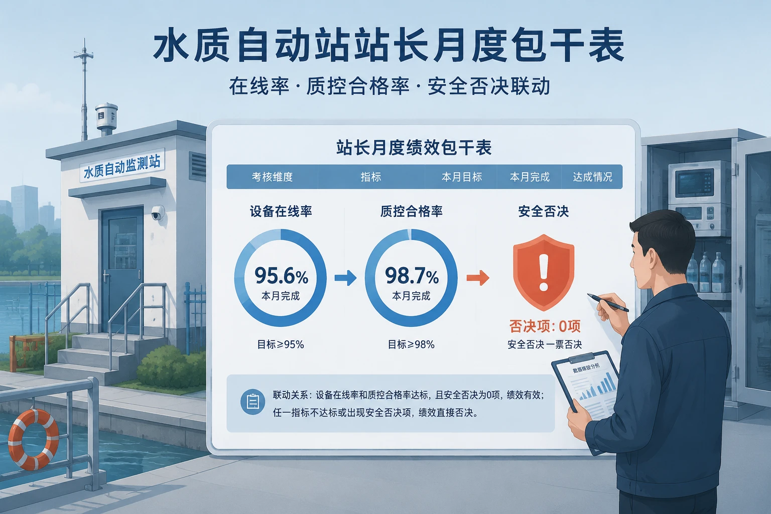 水质自动站站长月度包干表：在线率·质控合格率·安全否决
