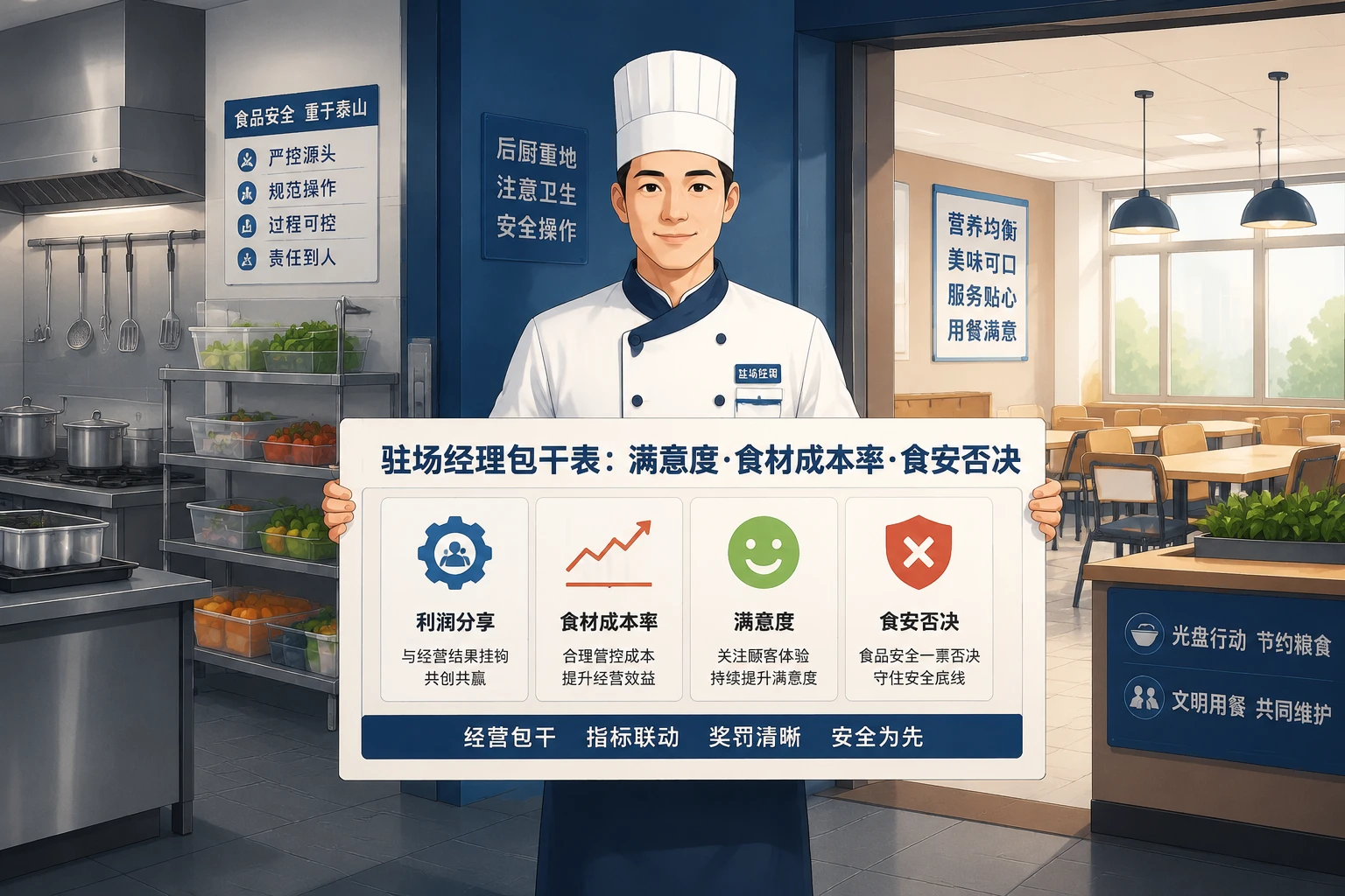团餐驻场项目经理包干表:满意度、食材成本率与食安否决
