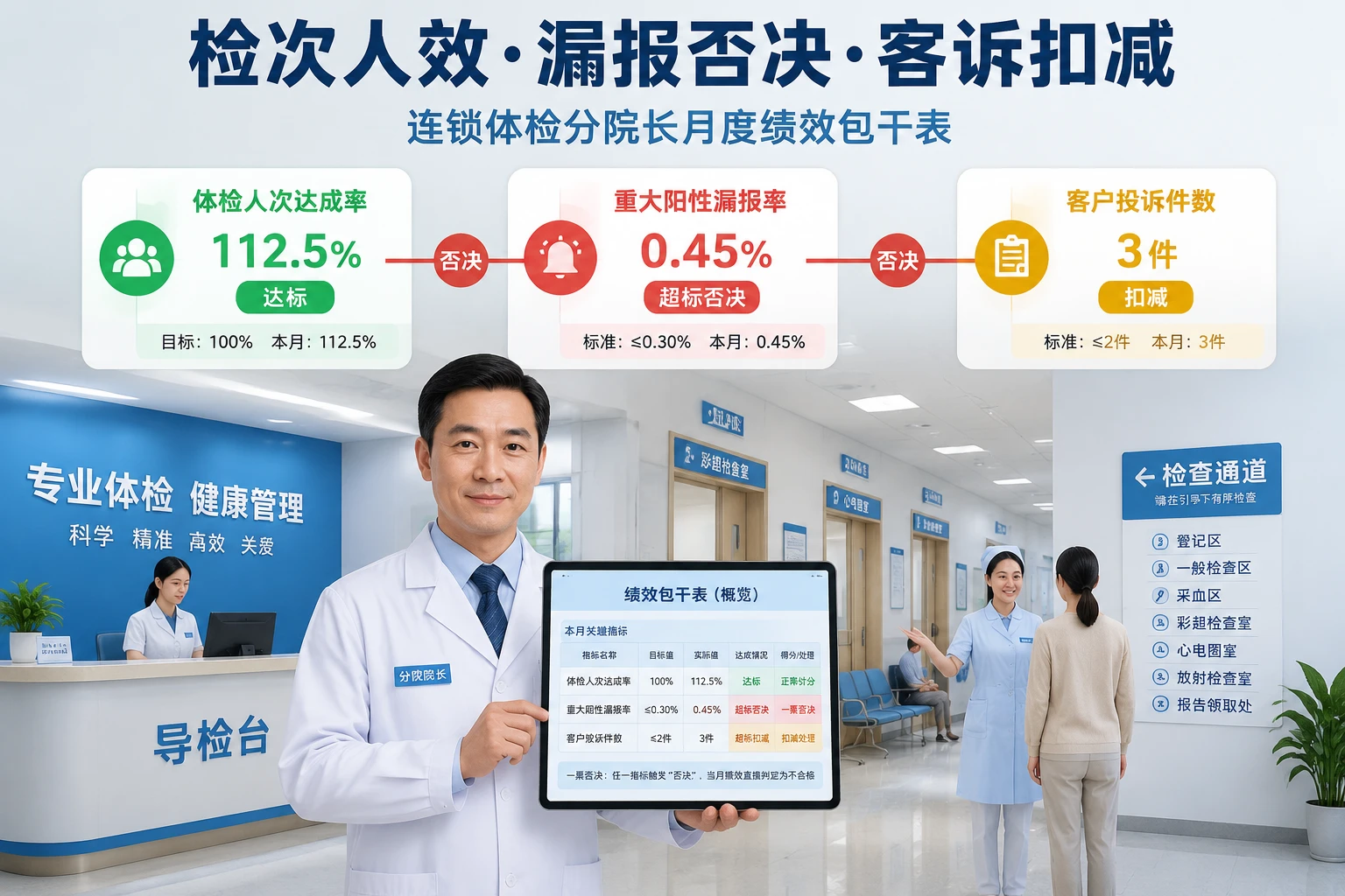 2026年连锁体检分院院长月度包干表：检次人效·漏报否决·客诉扣减