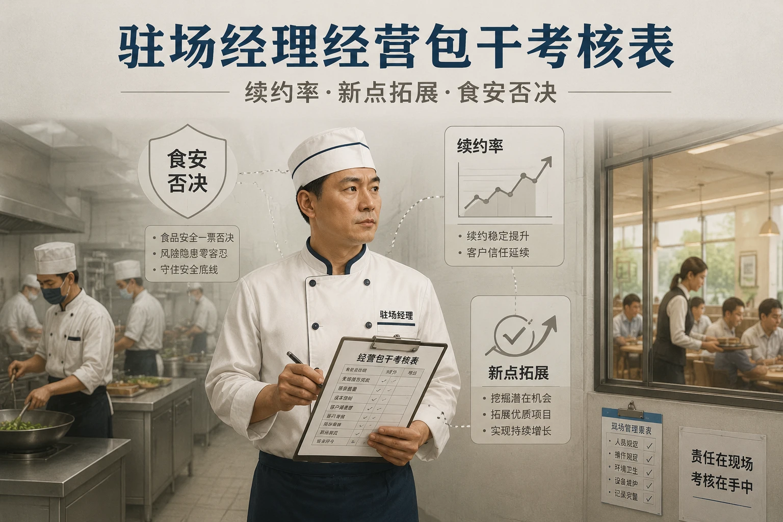 2026年团餐驻场经理经营包干考核表：续约率·新点拓展·重大投诉递延扣减与食安否决规则
