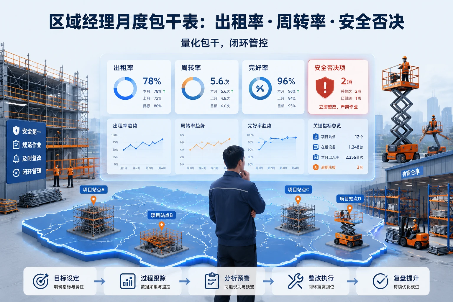 脚手架租赁区域经理月度包干表：出租率·周转率·安全否决（2026年版）