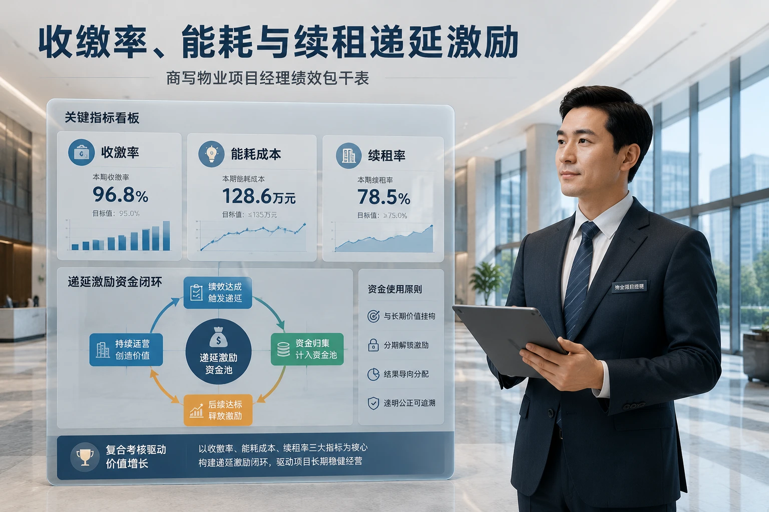 商写物业项目经理绩效包干表：收缴率、能耗与续租递延激励