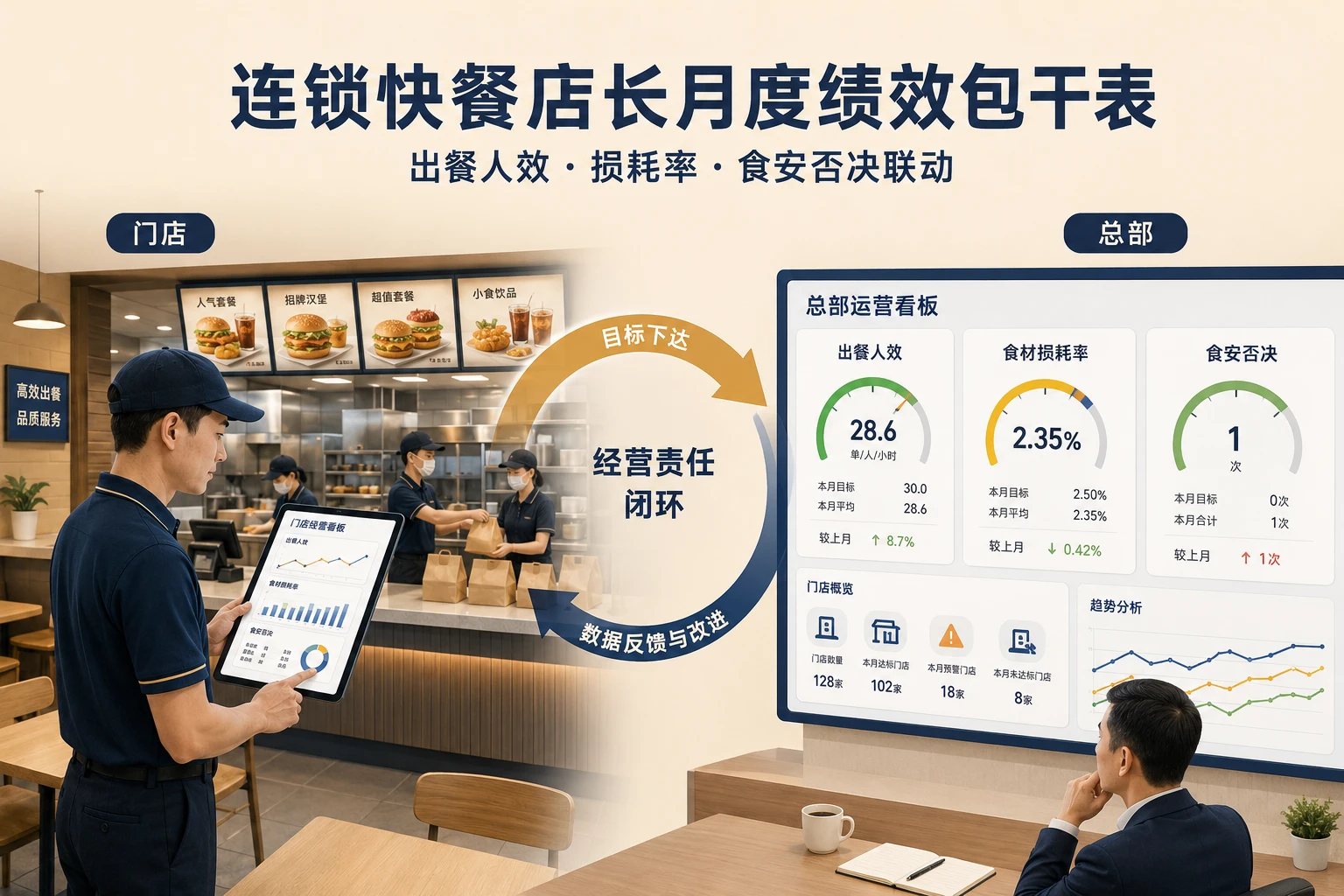 连锁快餐店长月度绩效包干表：出餐人效、损耗率与食安否决联动（2026年版）