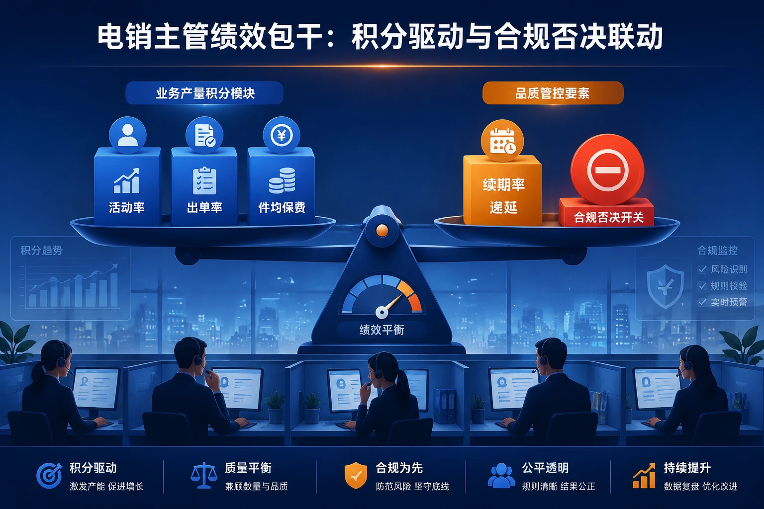 电销主管月度绩效包干设计：活动率、续期率与合规否决联动