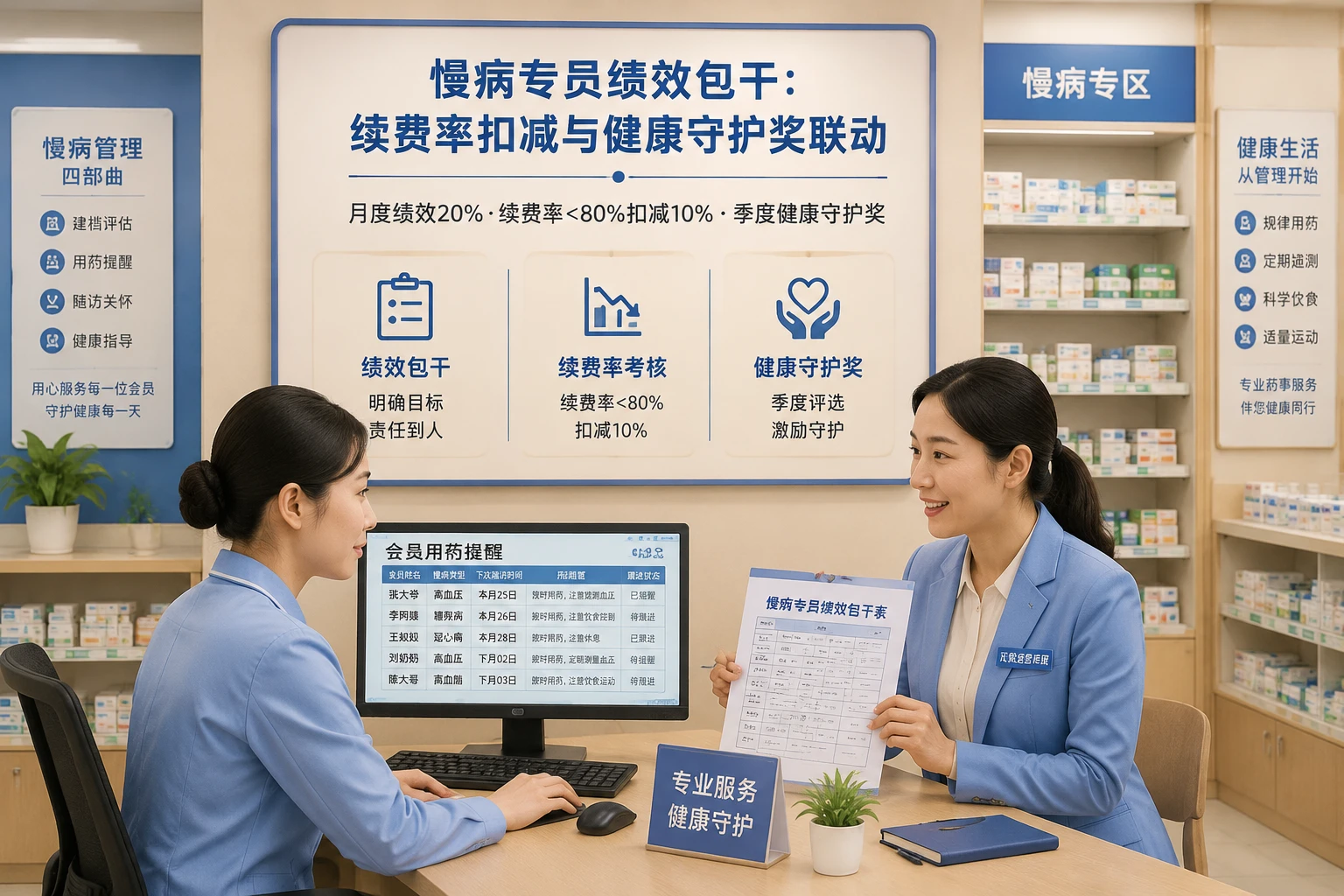 连锁药店慢病专员月度包干表：续费率扣减与健康守护奖联动