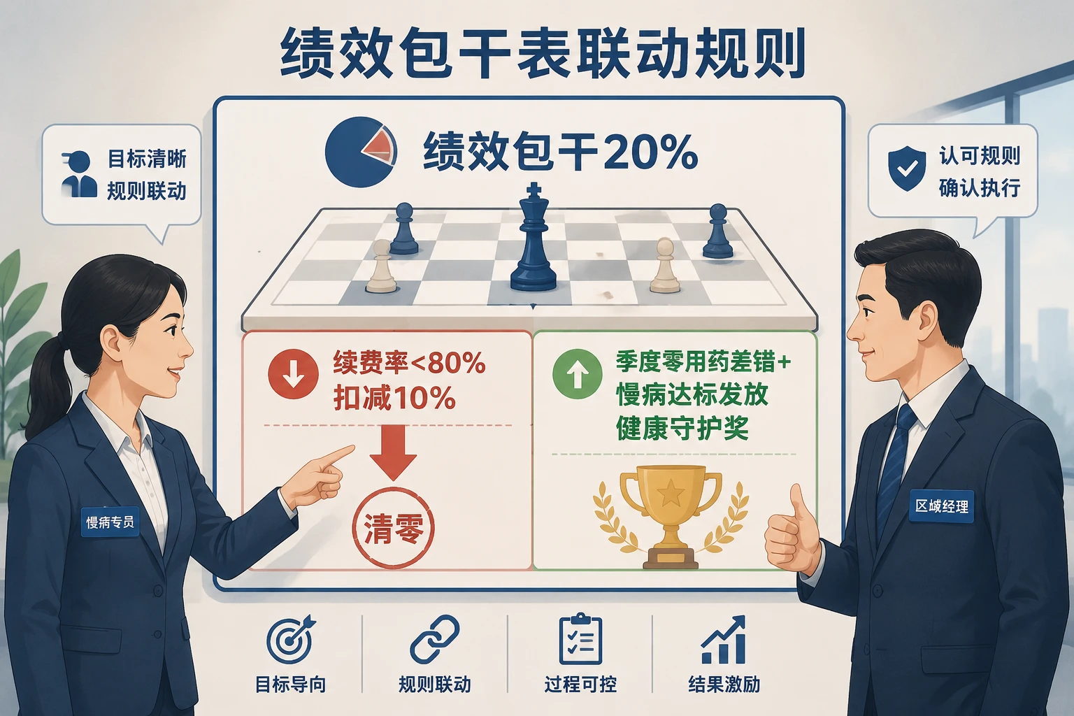 连锁药店慢病专员月度包干表：续费率扣减与健康守护奖联动