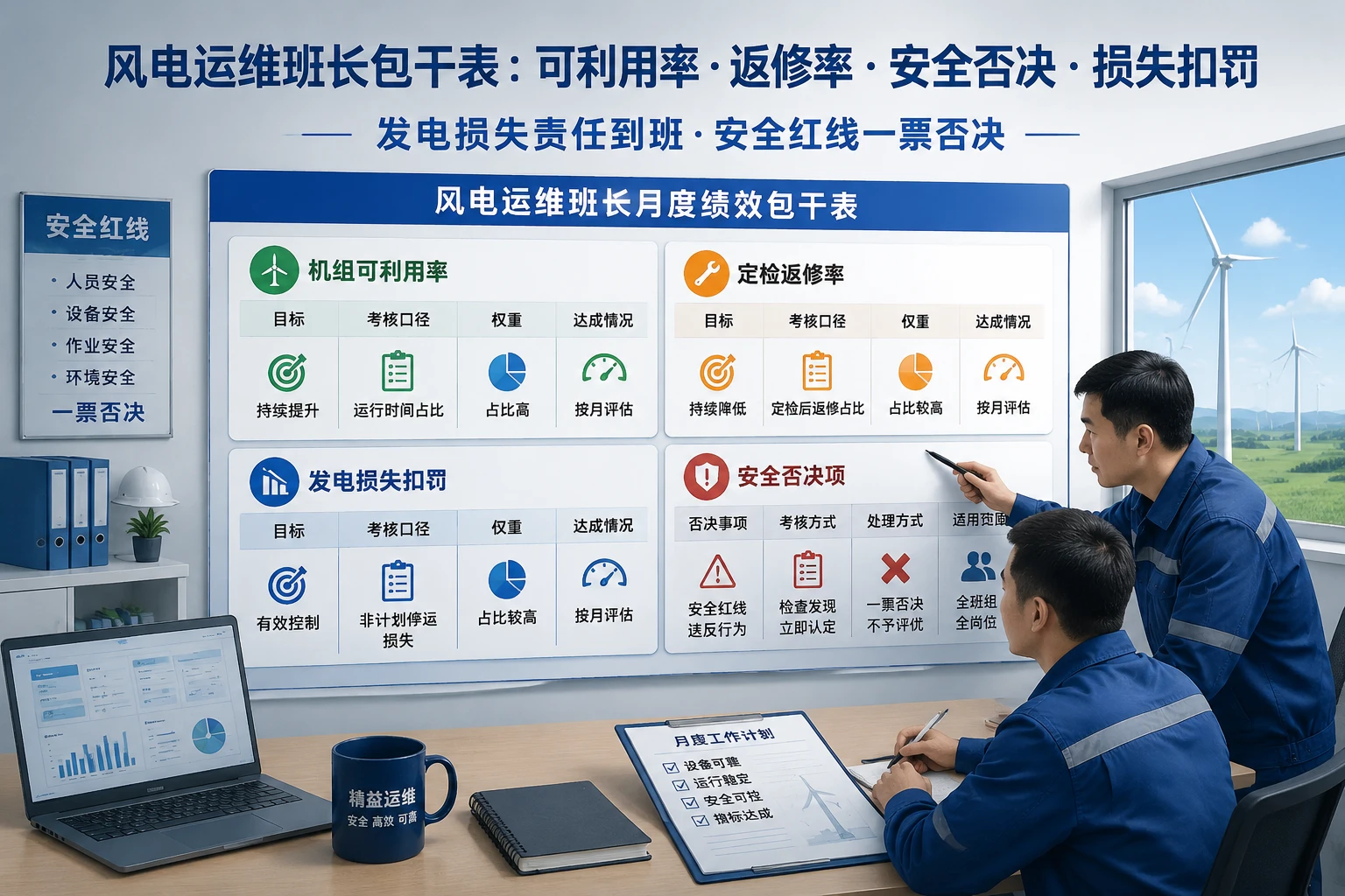 2026年风电运维班长包干表：可利用率·返修率·安全否决·损失扣罚