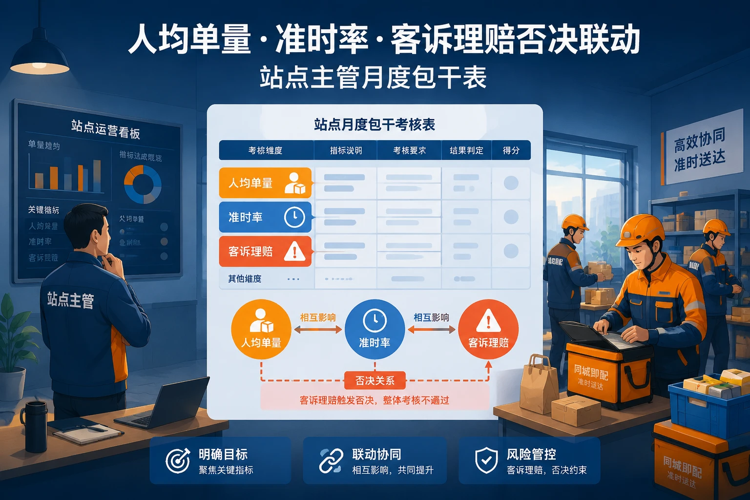 同城即配站点主管月度包干表：人均单量、准时率与客诉理赔否决联动