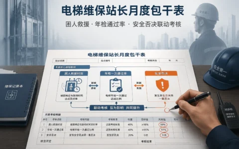 电梯维保站长月度绩效包干表模板：困人救援时效、年检通过率与安全否决联动（2026年版）