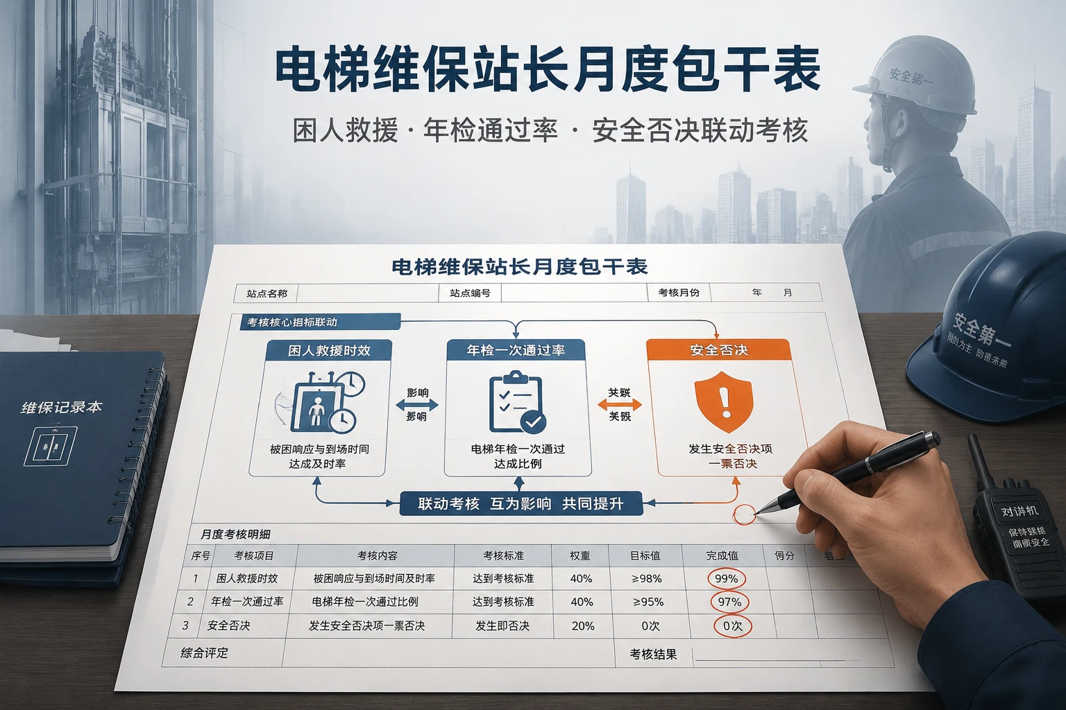 电梯维保站长月度包干表：困人救援时效、年检一次通过率与安全否决（2026年版）