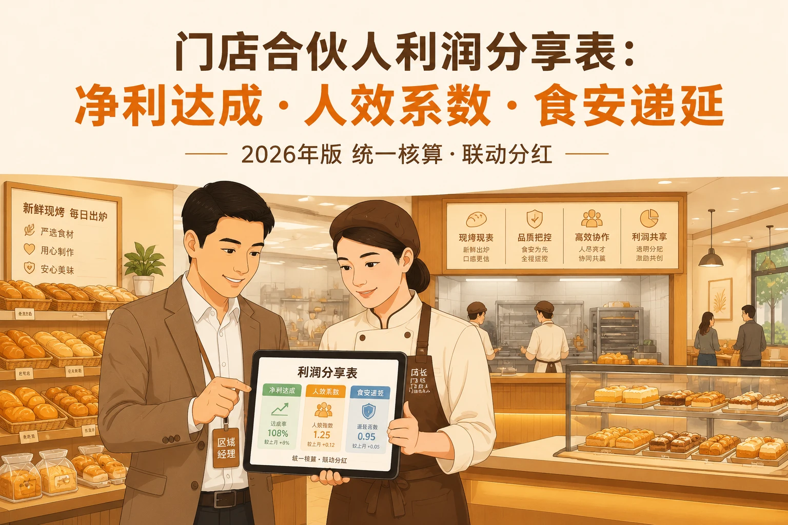 连锁烘焙门店合伙人利润分享表：净利达成、人效系数与食安递延扣减（2026年版）
