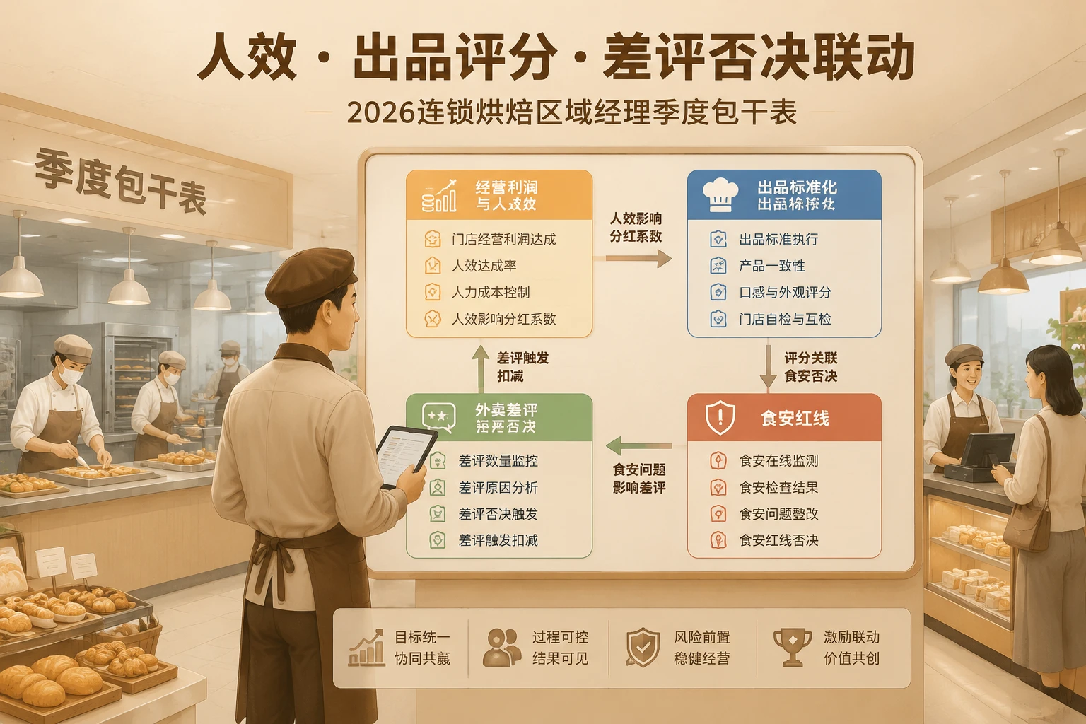 2026年连锁烘焙区域经理季度包干表：人效、出品评分与差评否决联动