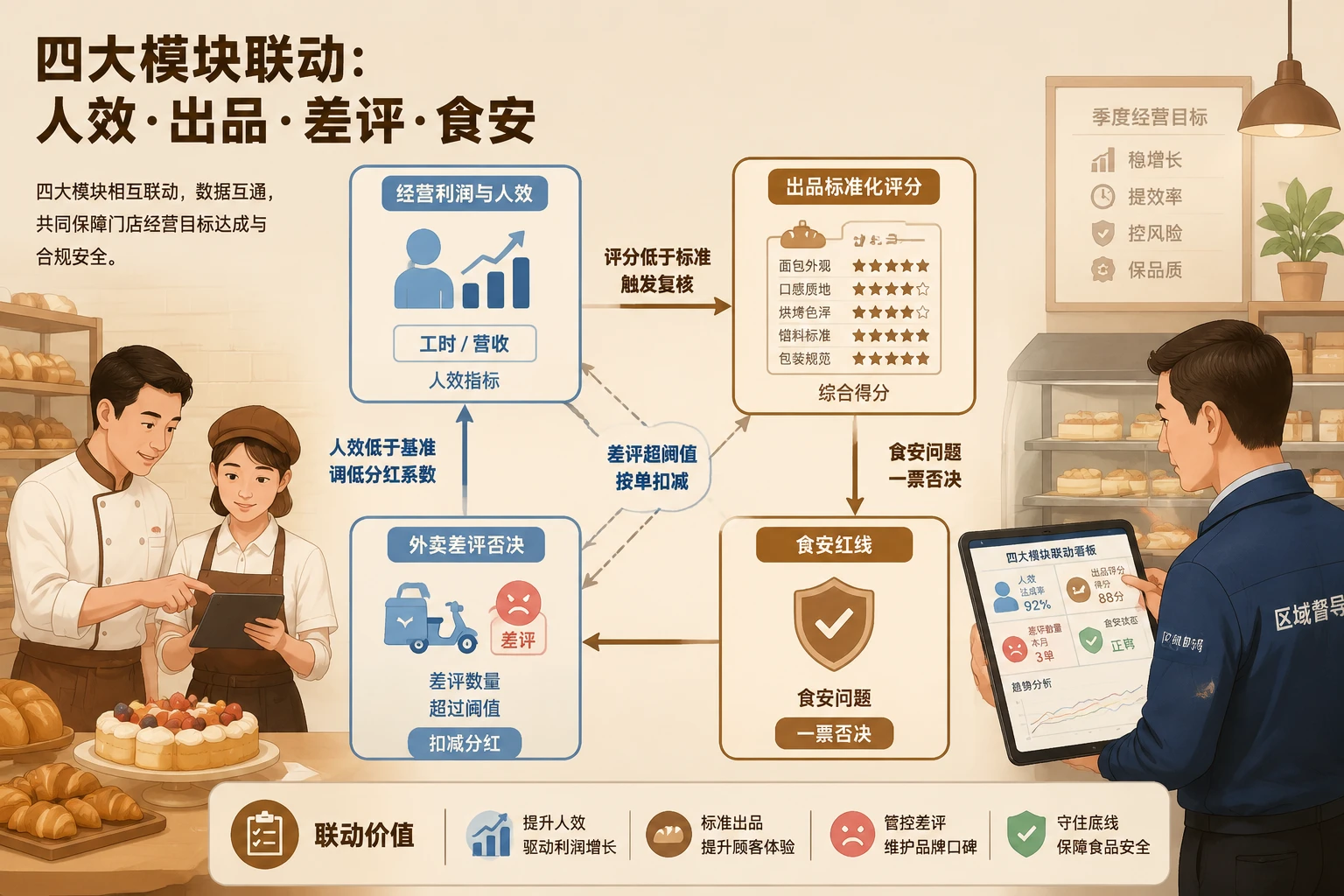 2026年连锁烘焙区域经理季度包干表：人效、出品评分与差评否决联动