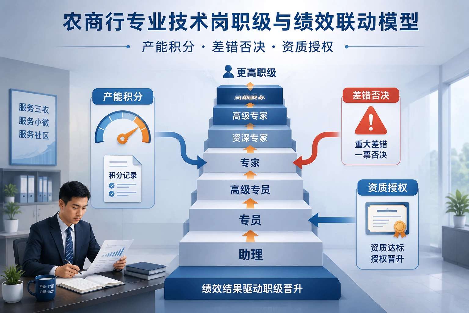 农商行专业技术岗职级与绩效联动模型：产能积分、差错否决与资质授权