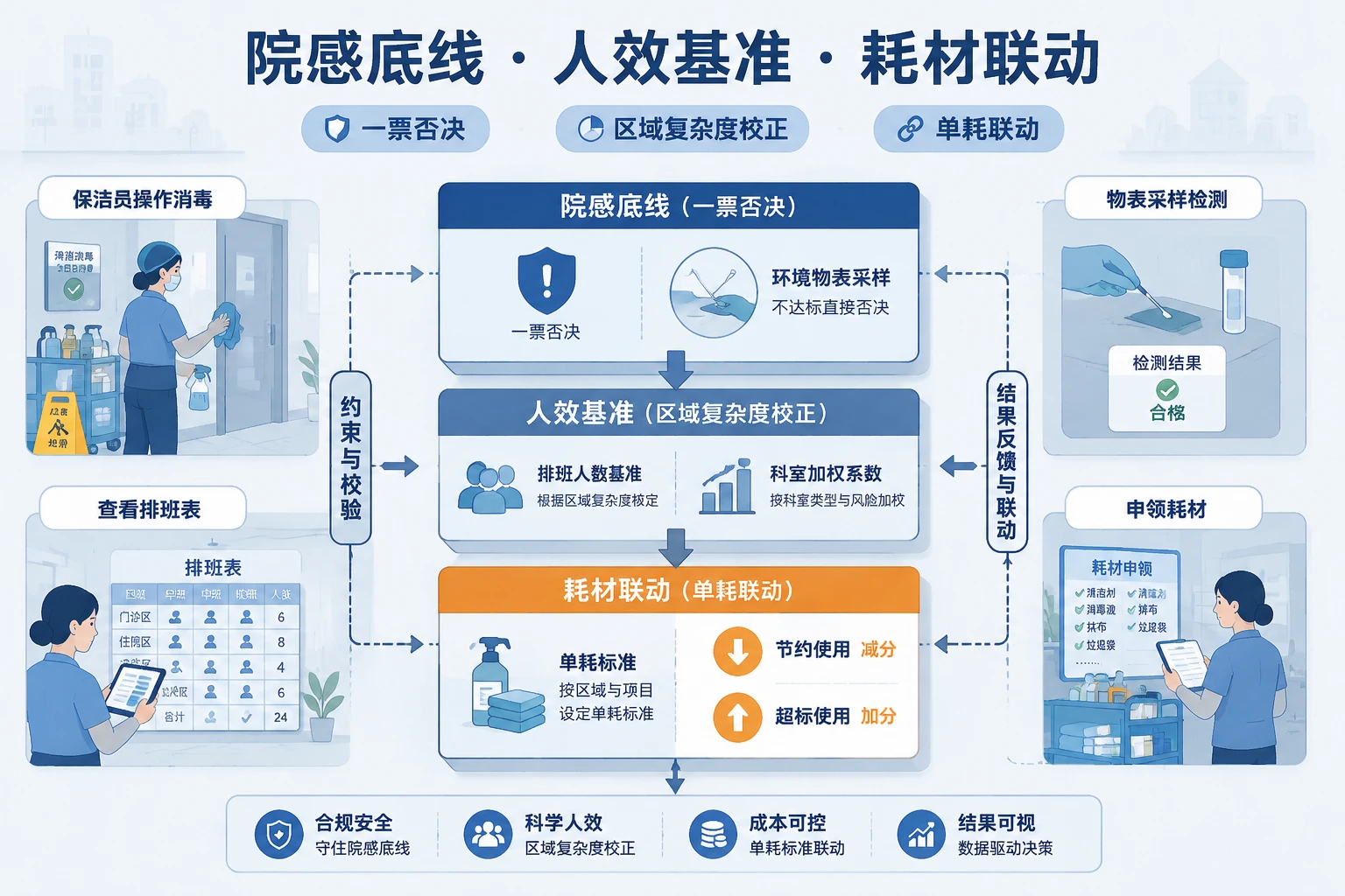 医院物业保洁主管月度包干表：院感质控·人效·耗材联动
