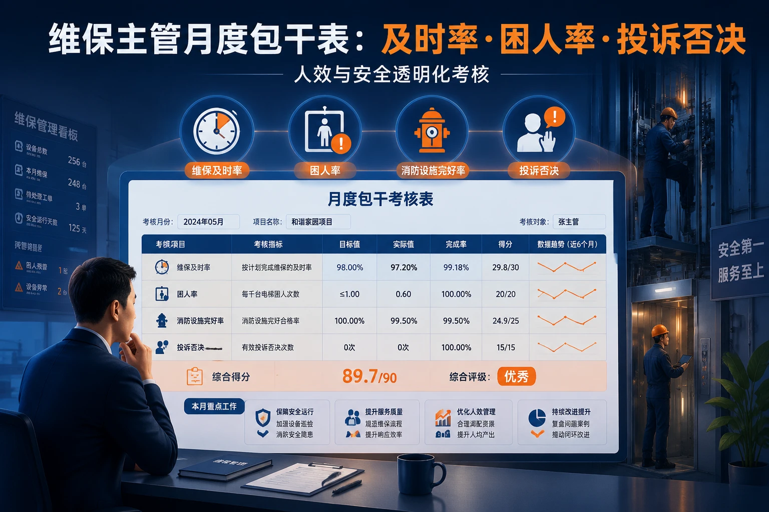 电梯维保主管月度包干表：及时率·困人率·投诉否决（2026年版）