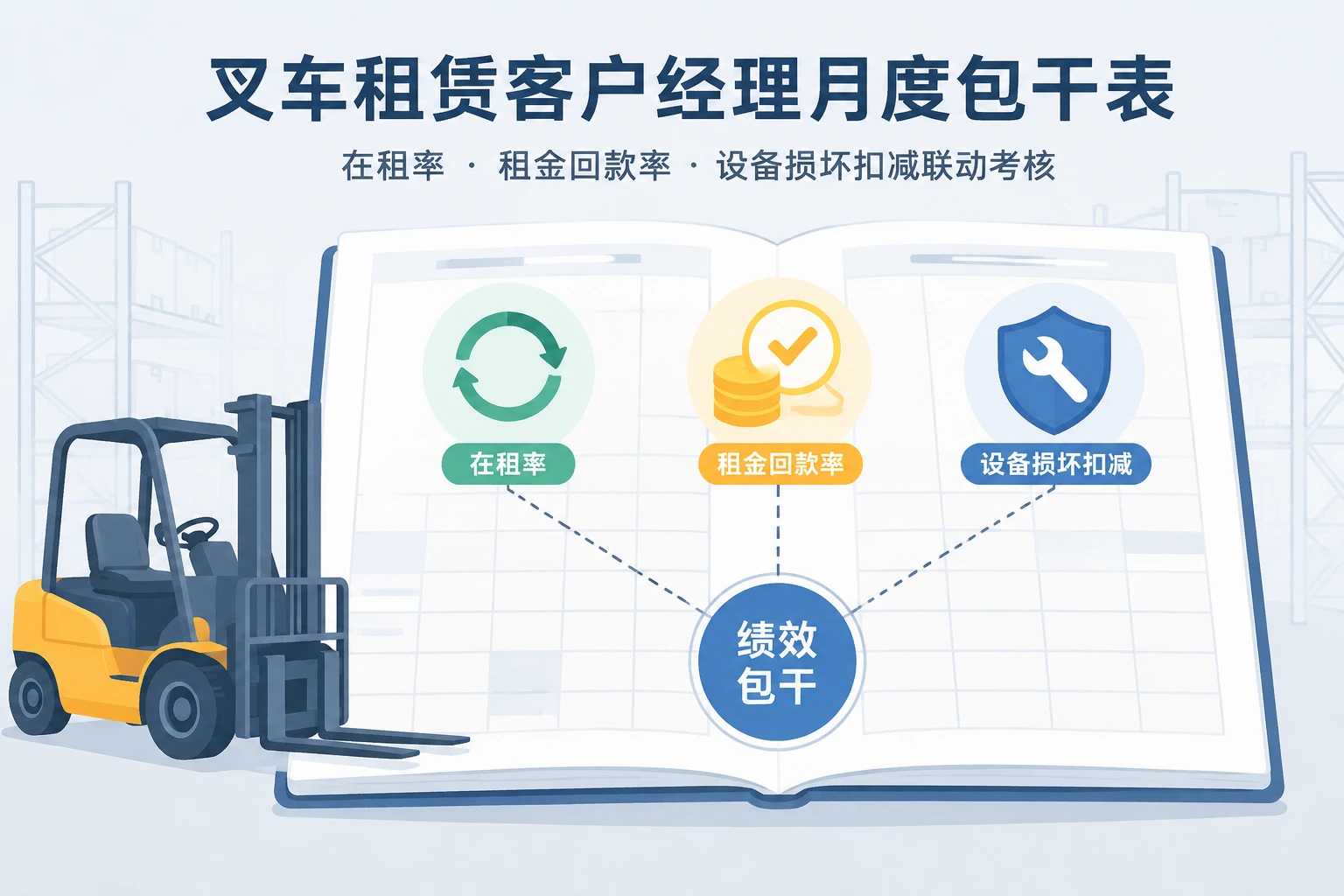 叉车租赁客户经理月度包干表：在租率、租金回款率与设备损坏扣减联动（2026年版）