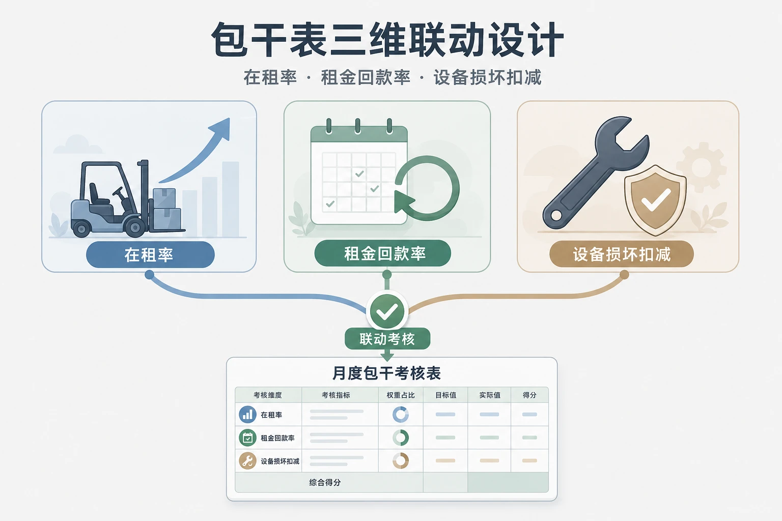 叉车租赁客户经理月度包干表：在租率、租金回款率与设备损坏扣减联动（2026年版）