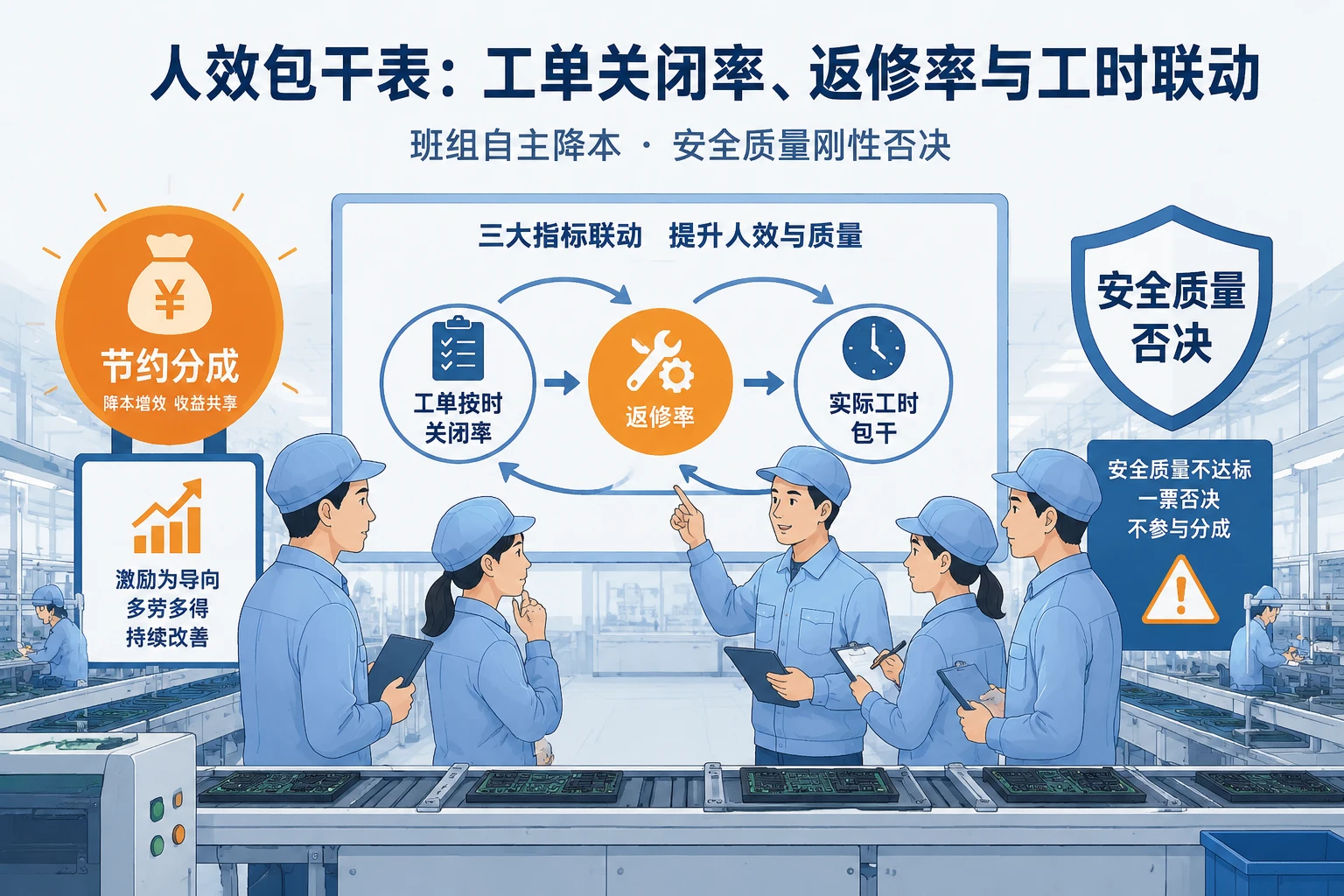 电子组装班组人效包干表：工单关闭率、返修率与工时包干联动