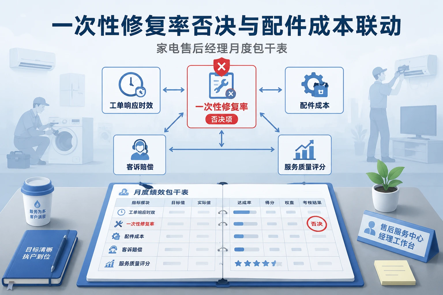 家电售后经理月度包干表：一次性修复率否决与配件成本联动（2026年版）