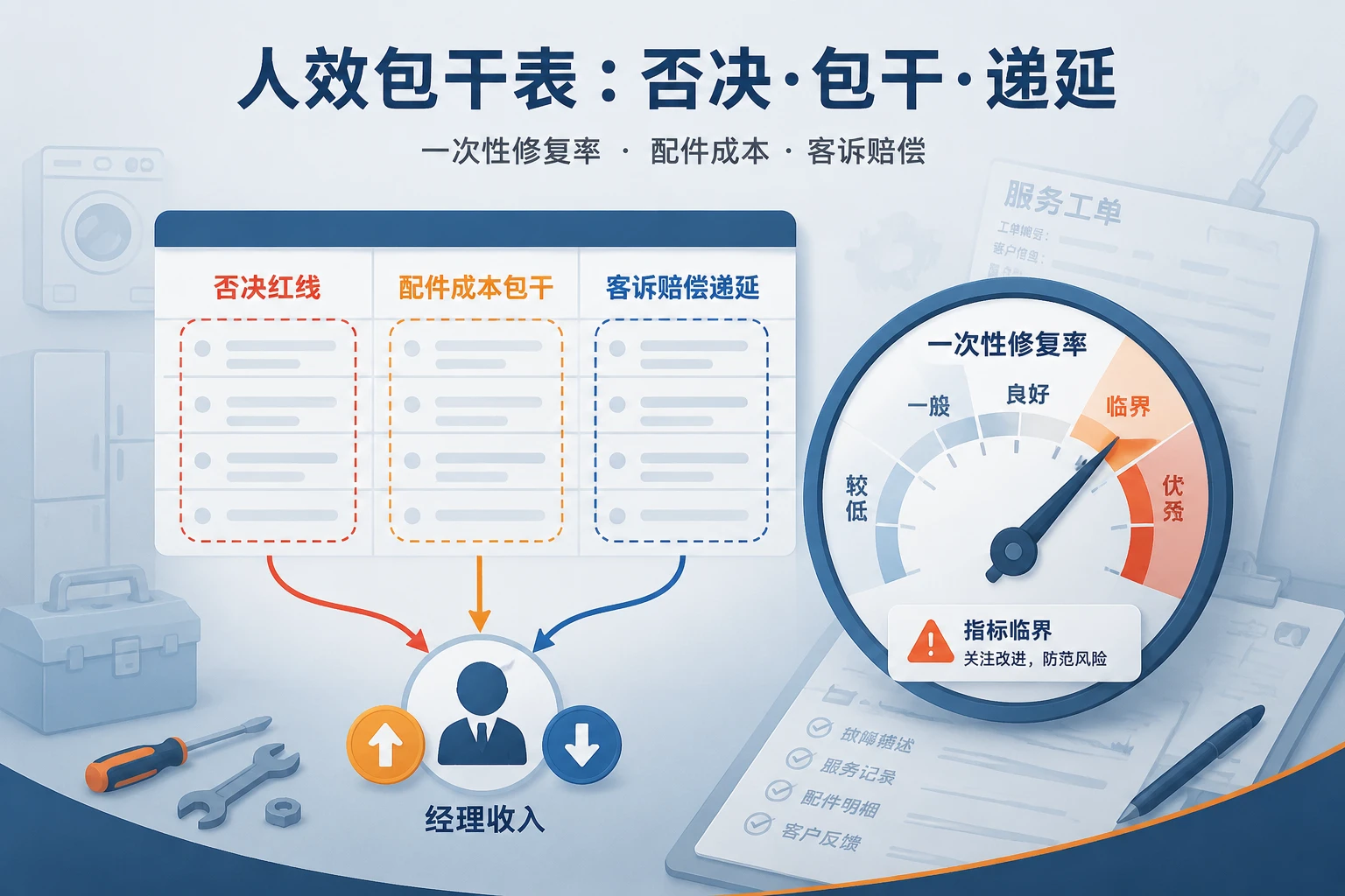 2026年家电售后经理人效包干表：一次性修复率否决与配件成本包干