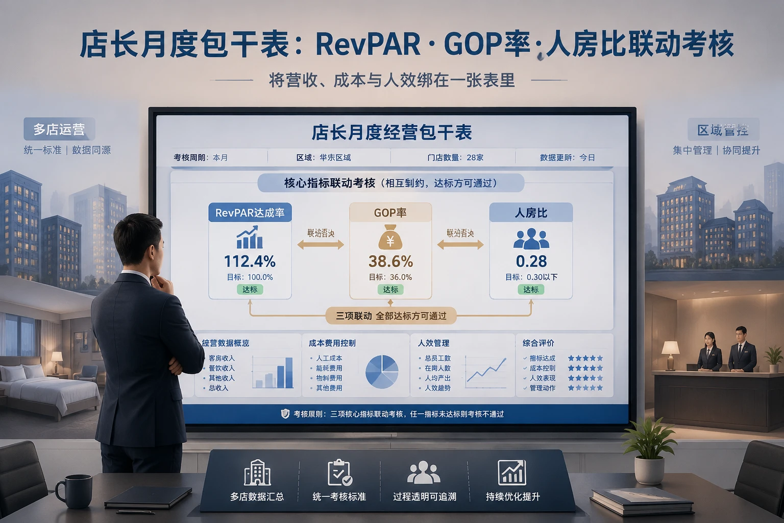 2026年连锁酒店店长月度包干表：RevPAR达成、GOP率与人房比联动考核