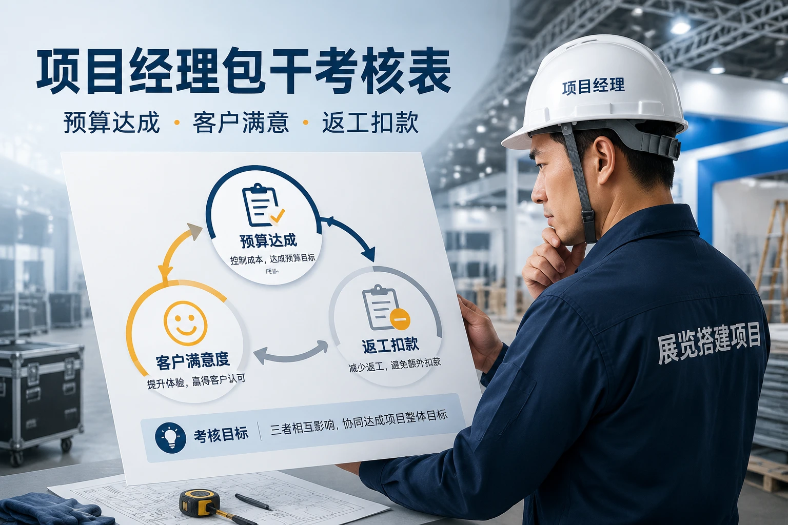展览搭建项目经理包干考核表：预算达成、客户满意与返工扣款（2026年版）