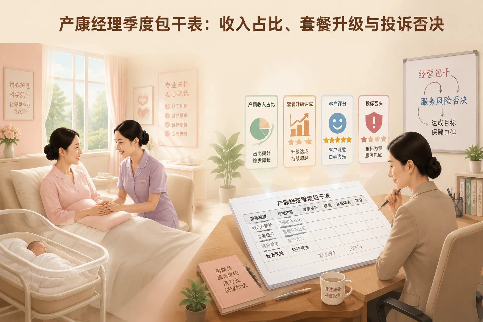 月子中心产康经理季度包干表：收入占比、套餐升级与投诉否决