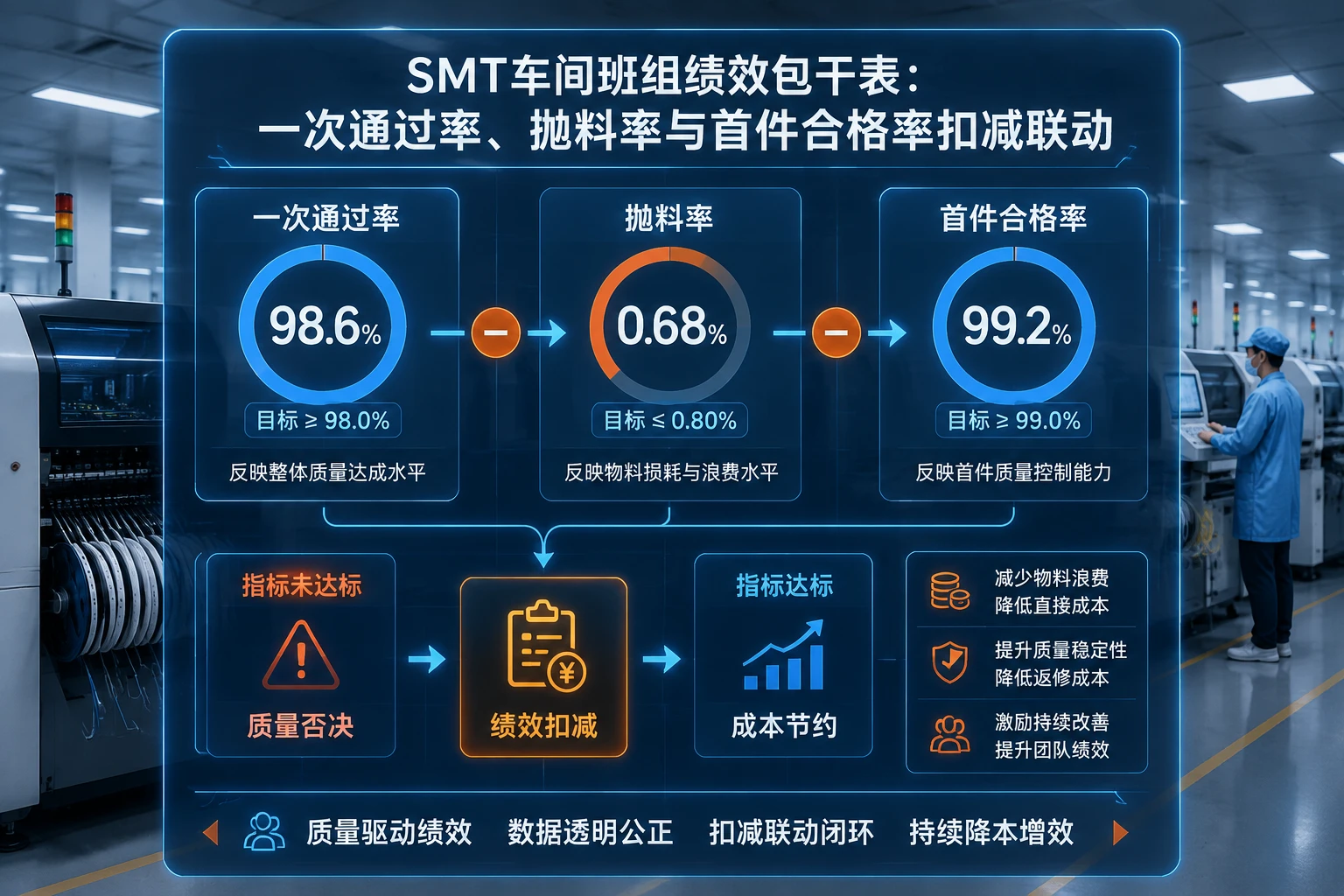 SMT车间班组绩效包干表：一次通过率、抛料率与首件合格率扣减联动
