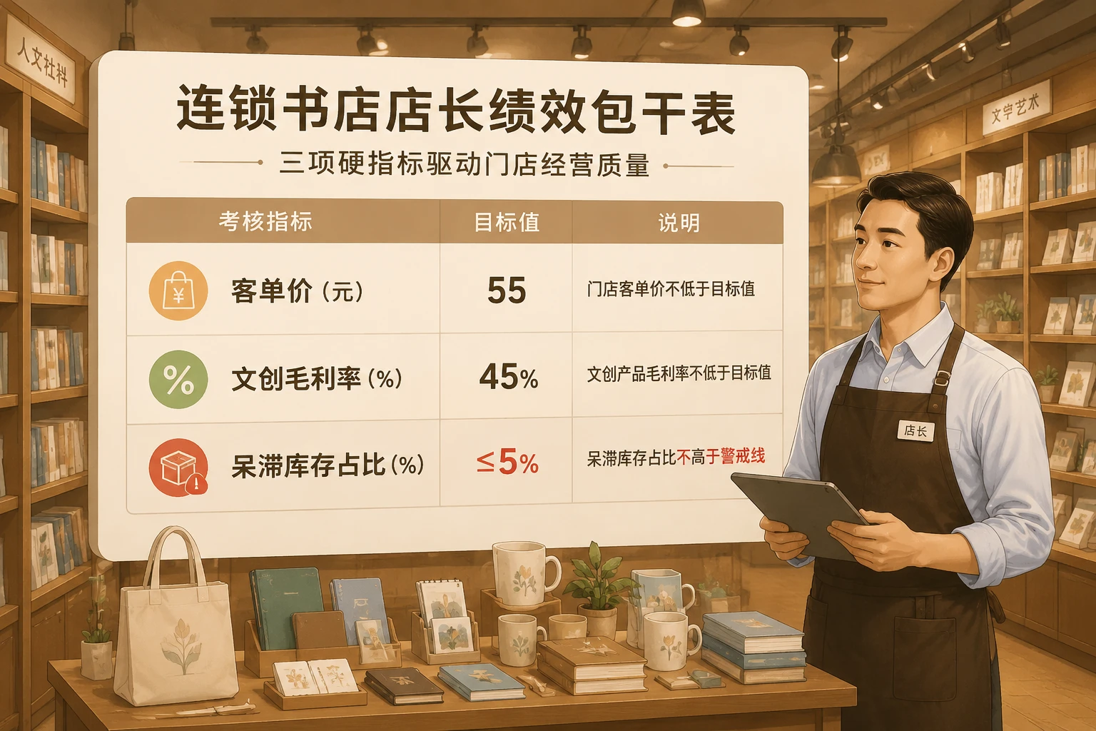 连锁书店店长绩效包干表：客单价、文创毛利率与呆滞否决（2026年版）