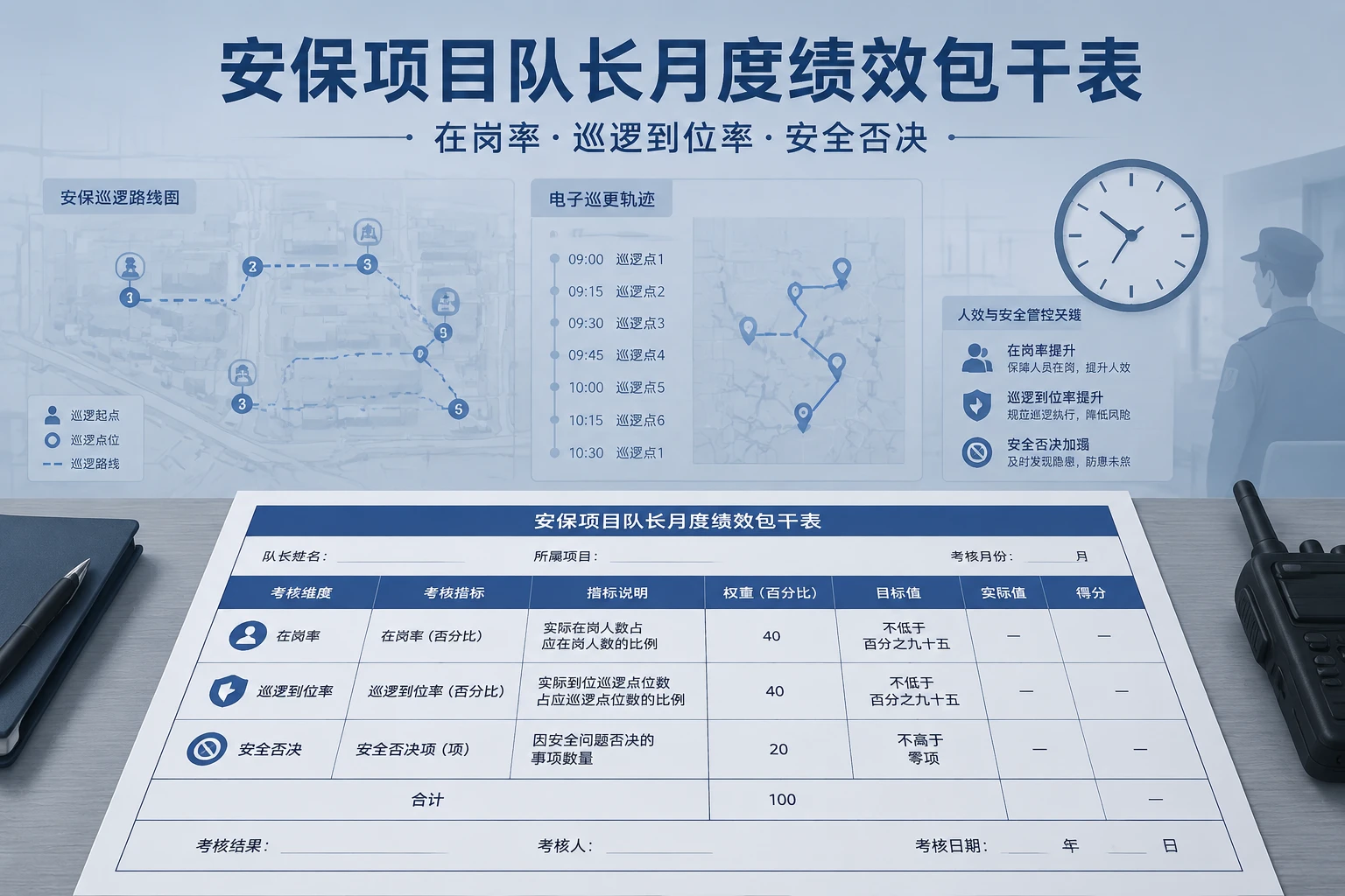安保项目队长月度绩效包干表：在岗率、巡逻到位率与安全否决