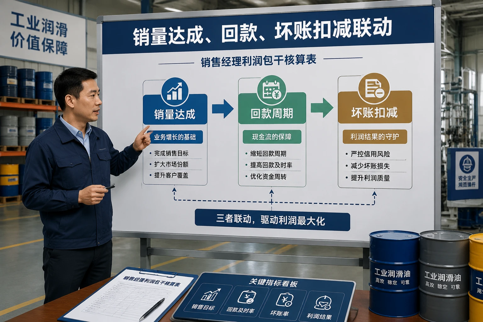 2026年工业润滑油销售经理利润包干表：销量达成、回款、坏账扣减联动