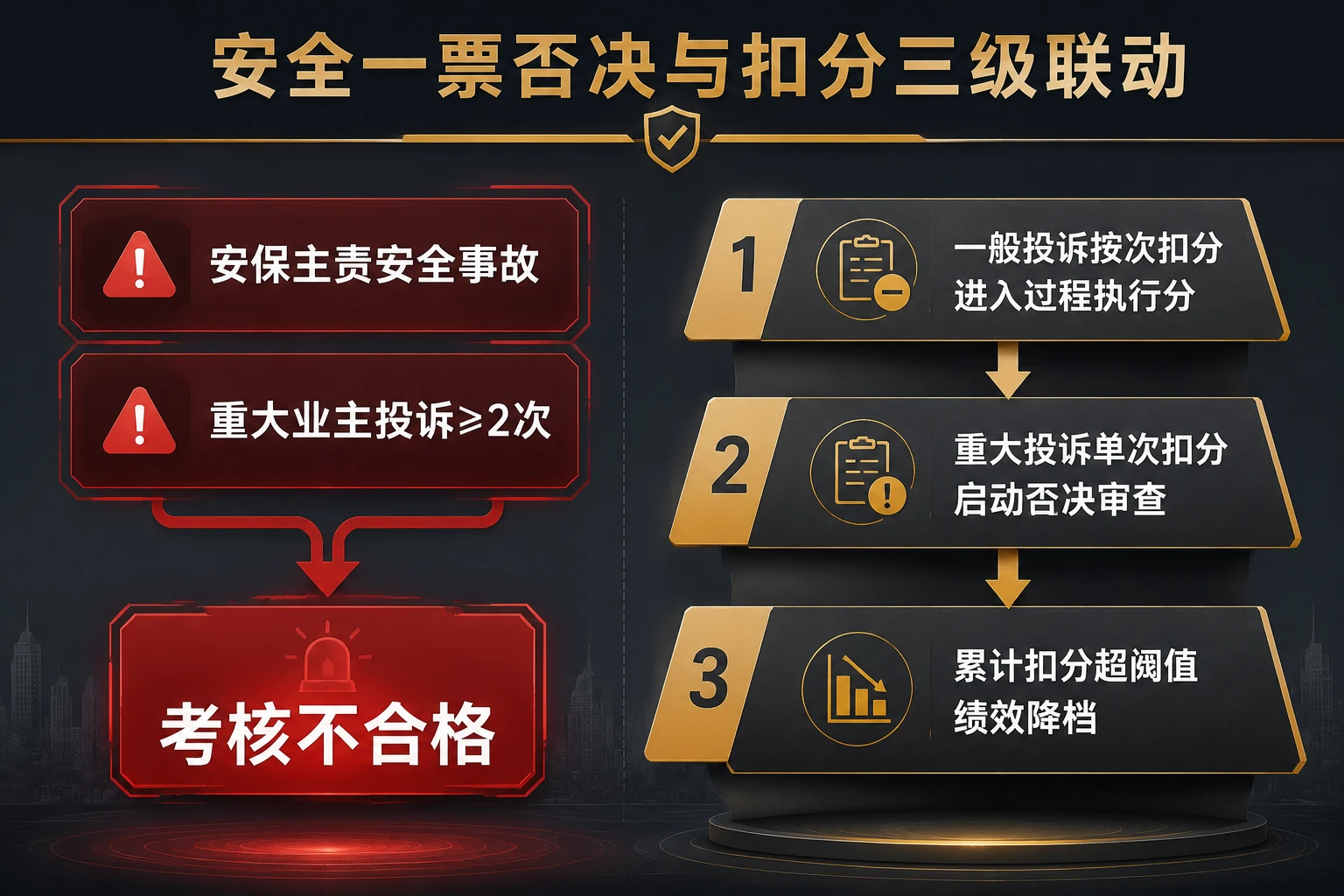 物业安保队长绩效否决表：安全一票否决与业主投诉扣减联动