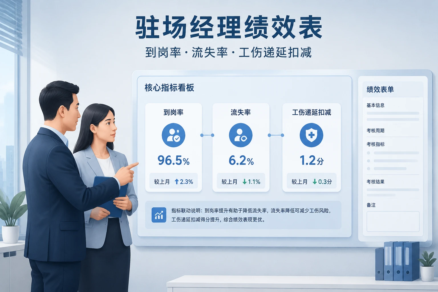 人力资源外包驻场经理绩效表：到岗率、流失率与工伤递延扣减（2026年版）
