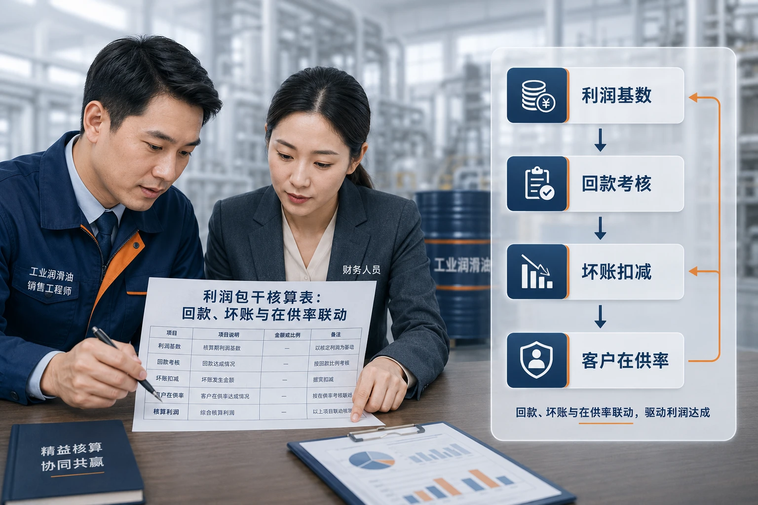 工业润滑油销售工程师利润包干核算表：回款考核、坏账扣减与在供率联动