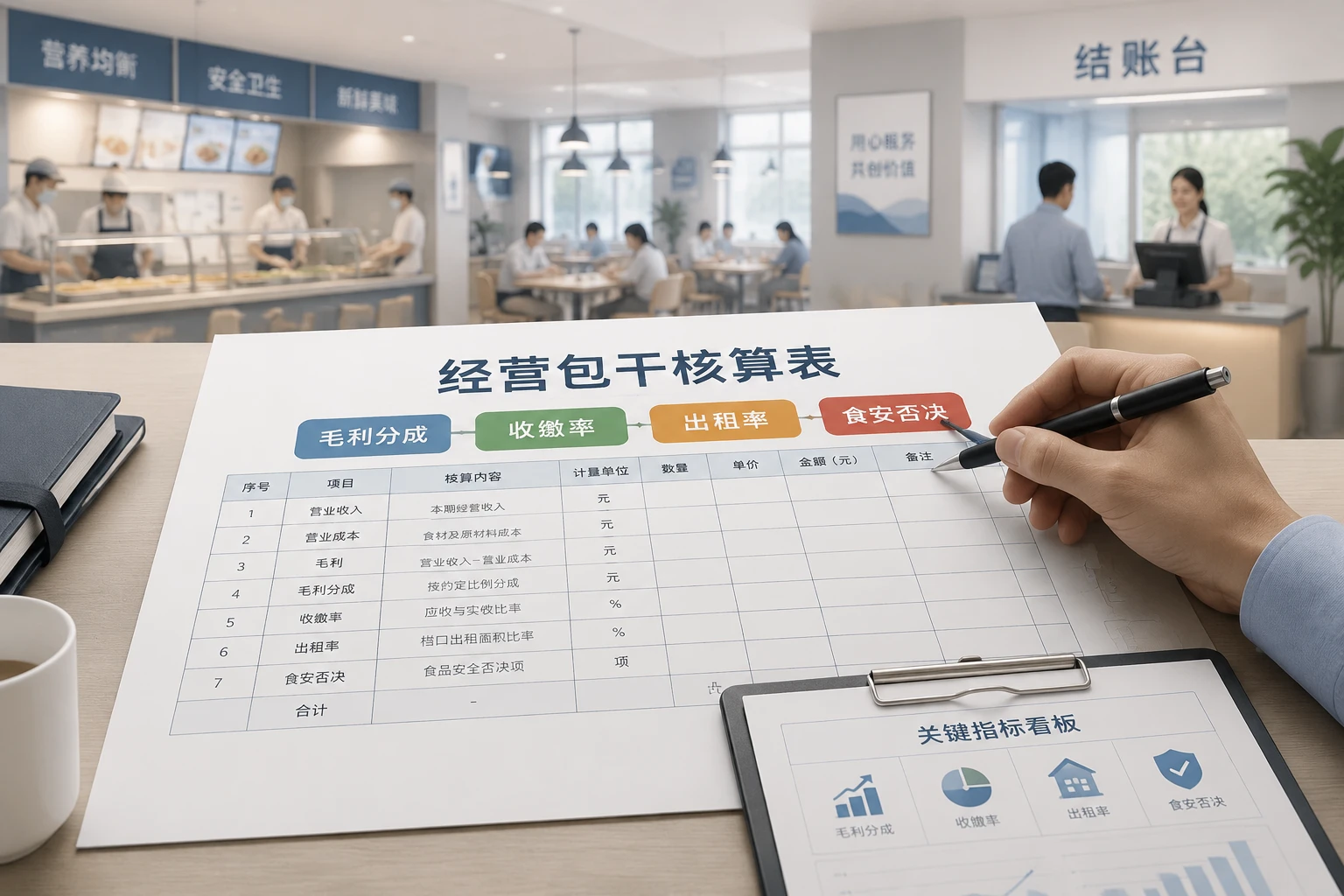 团餐项目点经营包干表：利润分成、收缴率、出租率与食安否决