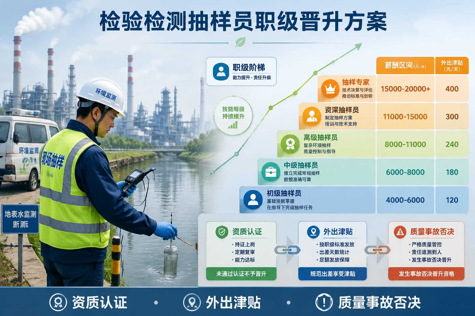 2026年检验检测抽样员职级晋升方案：资质认证、外出津贴与质量事故否决
