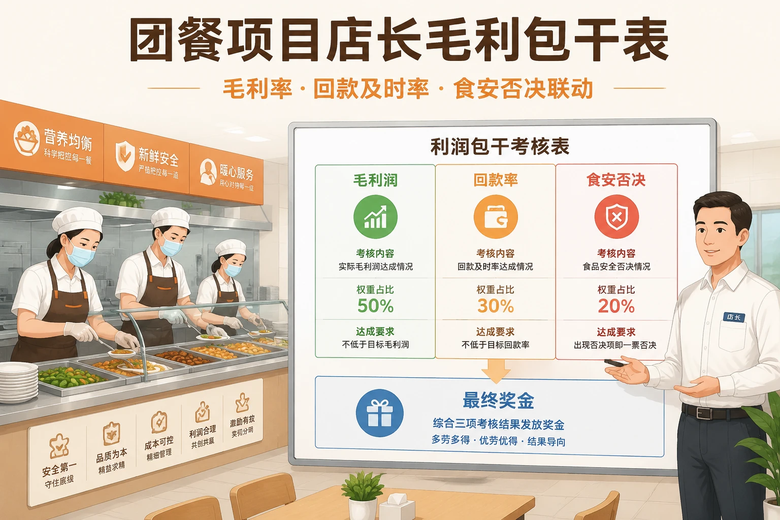 2026年团餐项目店长毛利包干表：毛利率、回款及时率与食安否决联动