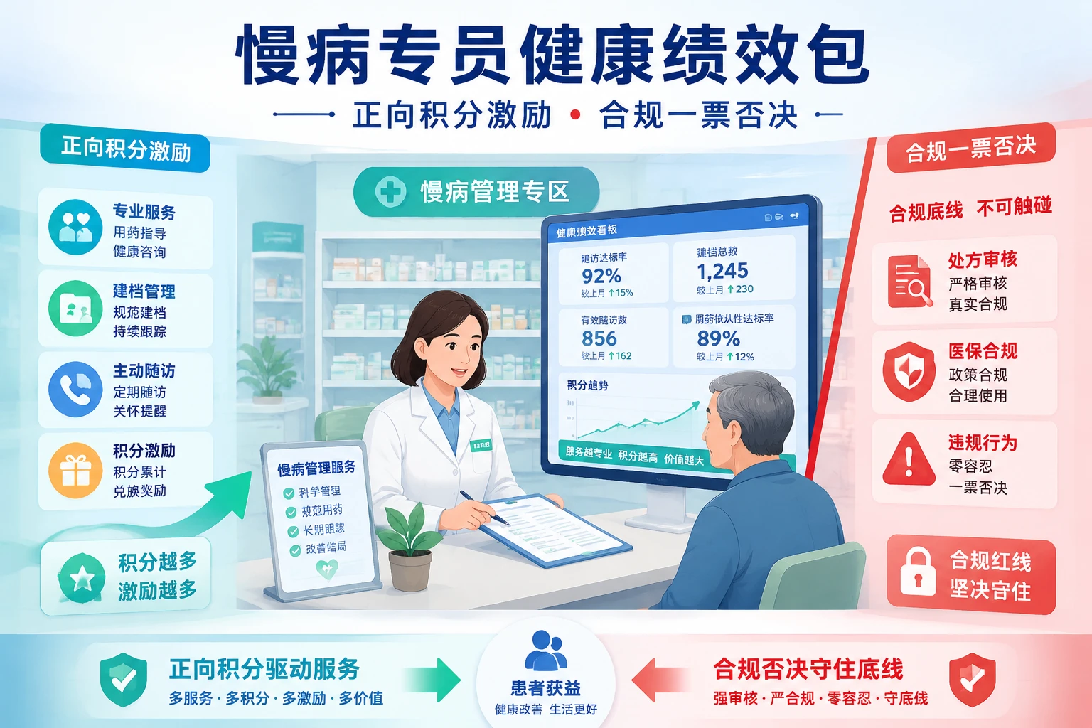 连锁药店慢病专员健康绩效包：建档、随访达标与处方合规否决